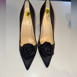 kate spade Black Leanna Black Satin Pointed Toe Pumps with Floral Rosette Heels